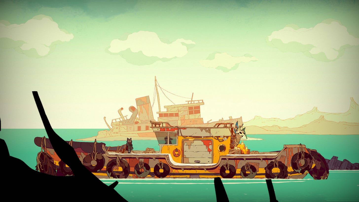 Screenshot from Laika: Laika stands on a barge sailing across the sea.