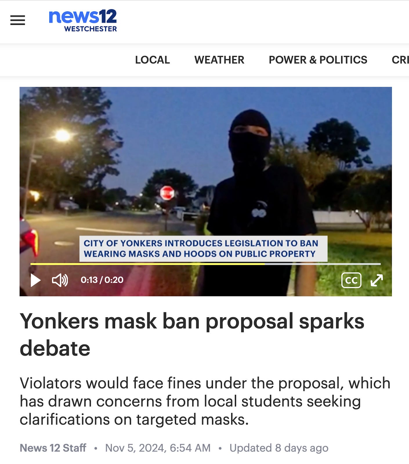 Yonkers mask ban proposal sparks debate - Violators would face fines under the proposal, which has drawn concerns from local students seeking clarifications on targeted masks. News 12 Westchester • Nov 5, 2024, 6:54 AM