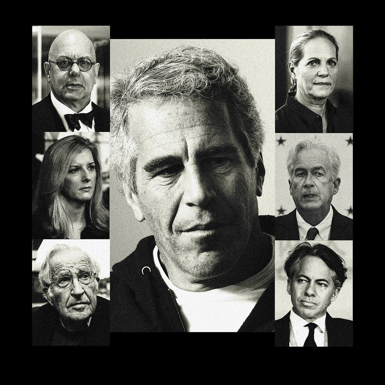 Jeffrey Epstein, center, and clockwise from top right: Ariane de Rothschild, William Burns, Joshua Cooper Ramo, Noam Chomsky, Kathryn Ruemmler and Leon Botstein.