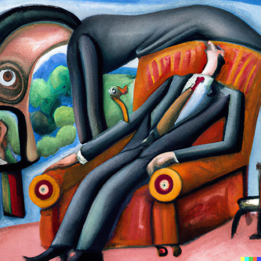 surrealist painting of two men talking one is lying on a couch via Dall-E