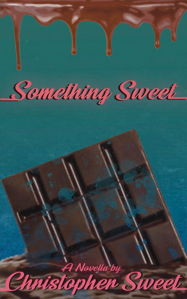 Green cover with picture of a chocolate bar melting into a pool of chocolate with more chocolate dripping from the top of the cover