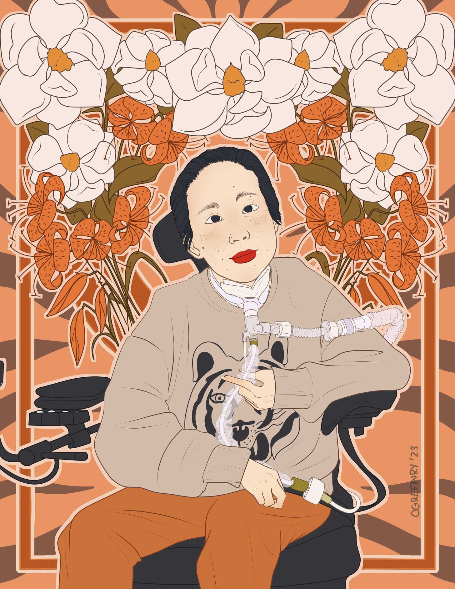 Digital portrait of an east asian woman who has black hair pulled back. She is wearing red lipstick, a tiger themed gray sweatshirt, and orange pants as she has a trach in her neck that is attached to a device that she is holding gently in her hands. She is sitting in her power wheelchair. The background is art nouveau inspired and tiger stripe themed with magnolias and tiger lilies and the color theme is mostly orange and black and white.