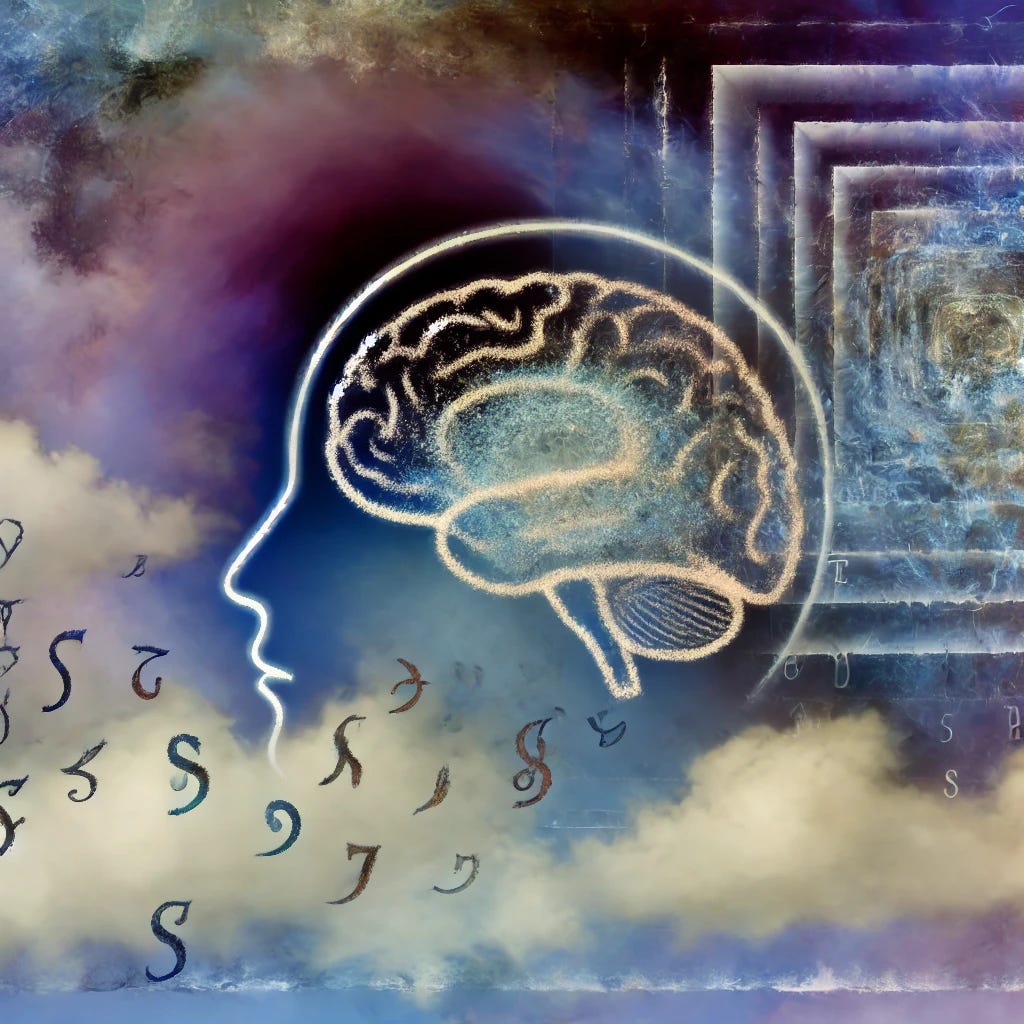 An abstract image representing the complexity of human understanding, language, and its limitations. In the foreground, there are fragmented, floating words dissolving into mist, symbolizing the inadequacy of language. Behind them, an intricate, layered pattern resembling a human brain, with connections resembling neural pathways, suggesting deep thought and cognition. The colors blend from soft blues and purples to deeper, darker tones, representing the mystery of the mind. In the background, swirling clouds or shifting shapes hint at the ever-changing nature of reality, with faint, unreachable symbols floating out of reach.