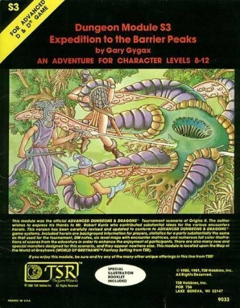 An image of the cover of Expedition to the Barrier Peaks, showing adventurers being attacked by alien tentacles.