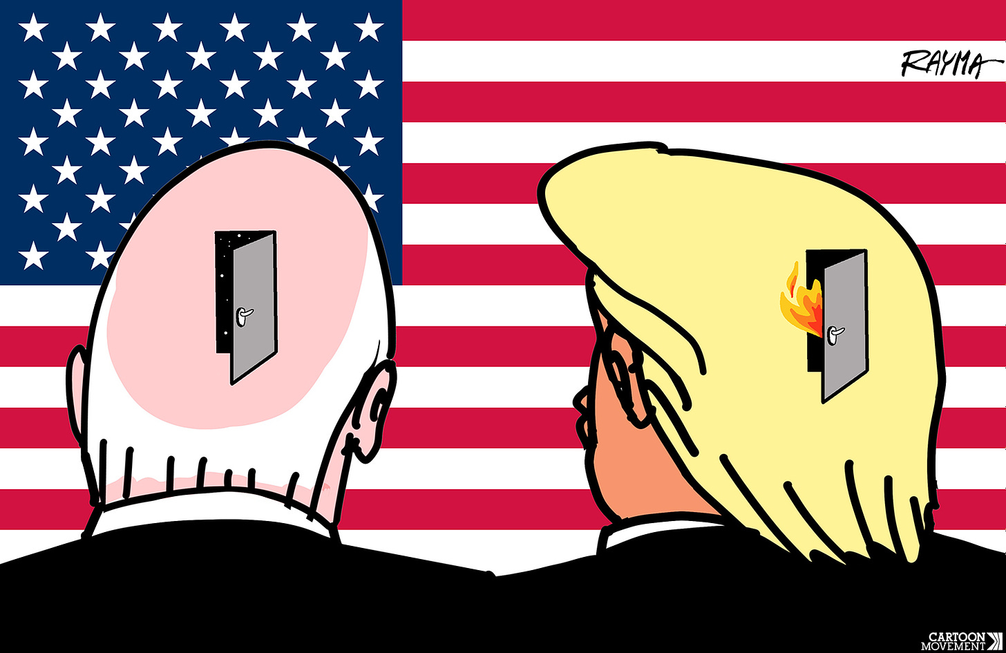 Cartoon showing the back of the heads of Joe Biden and Donald Trump; both a have a small door there, showing what's inside. Biden has nothing in there, while Trump's head is on fire inside.