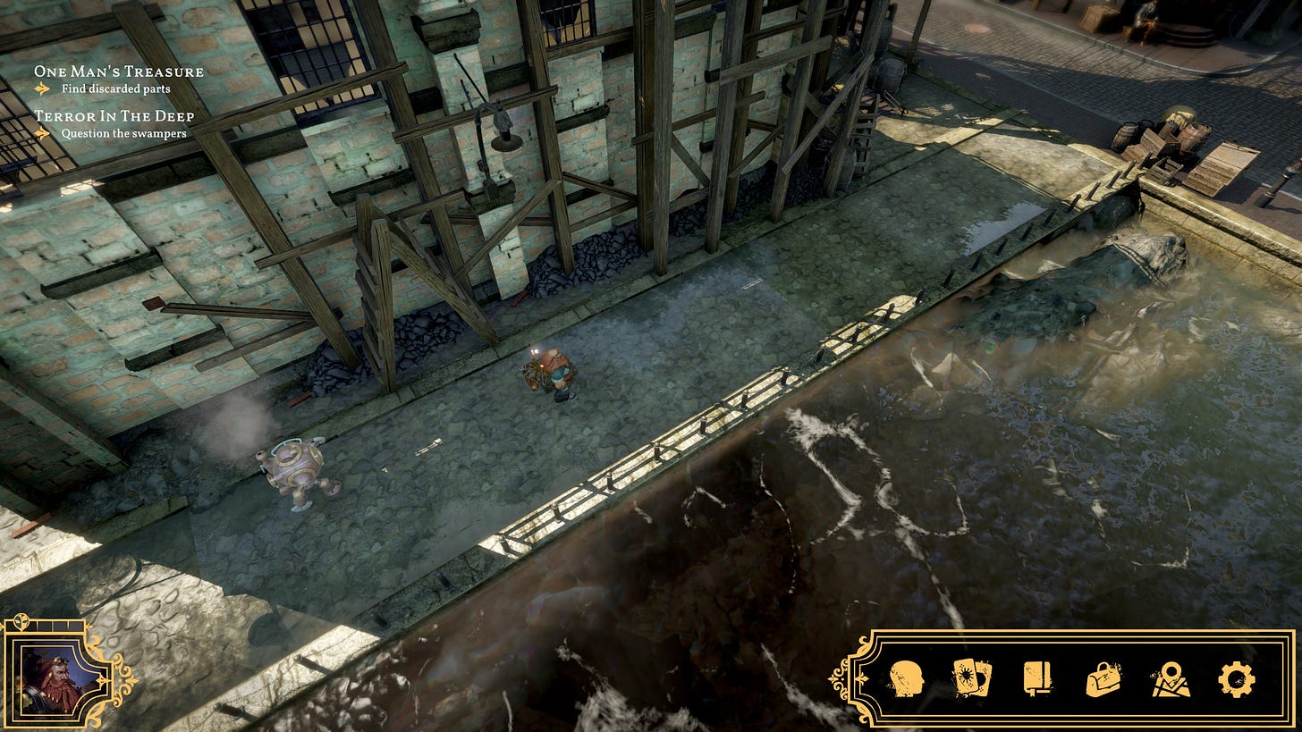 A screenshot of the game Sovereign Syndicate, showing the character Teddy Redgrave, an Irish Dwarf, followed by his automaton Otto, walking by the London wharf.