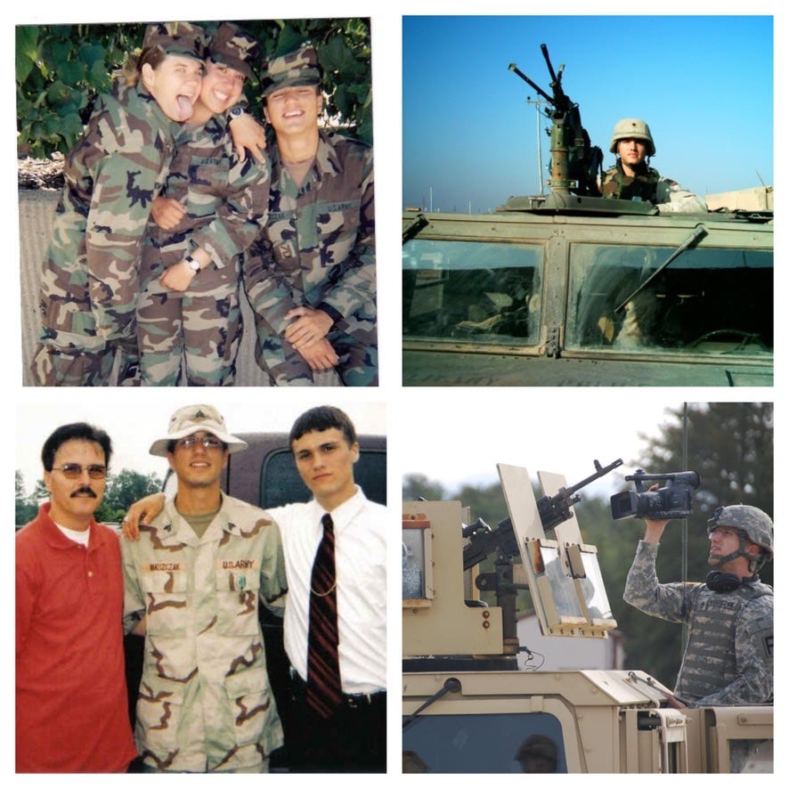 Top left: me & some battle buddies in Military Police School; top right: Me in the turret with my SAW (Squad Automatic Weapon) in Baghdad in 2003; Bottom left: My dad, me, and my brother, after I got back from Baghdad in 2004; bottom right: me, shooting video for a news story in my second career field—a public affairs NCO / broadcast journalist, circa 2013.