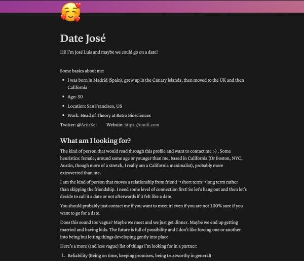 A résumé-like page with dark background and white text for the "date-me doc" of a man. 