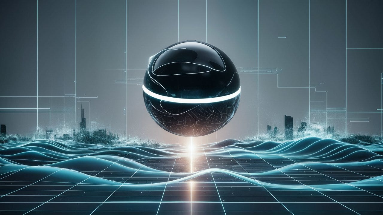 A cinematic representation of artificial intelligence searching through a plethora of trends. The AI, portrayed as a sleek, glowing sp  here, hovers above a grid-like interface where digital waves ripple, representing the vast ocean of information. The background is a futuristic, minimalistic cityscape, with neon lights and holograms, symbolizing the ever-evolving world of technology.