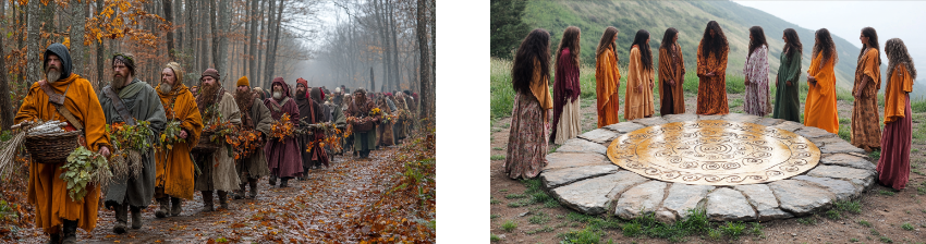 Two images depicting scenes of ceremonial gatherings in natural settings. The left image shows a line of people dressed in earth-toned and orange robes, walking through a misty autumn forest while carrying baskets and bundles of leaves, fruits, and flowers, suggesting a harvest procession or offering. The right image features a circle of women in colorful, flowing robes standing around a large stone platform engraved with intricate designs, possibly a ritual site, against a backdrop of grassy hills, evoking a sense of reverence and connection to nature.