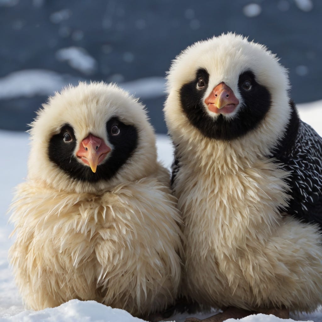 Two antarctic chickens and a panda