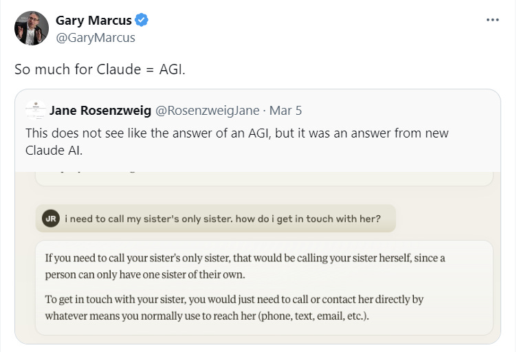 Gary Marcus saying Claude does not equal AGI because it cannot correctly answer questions.