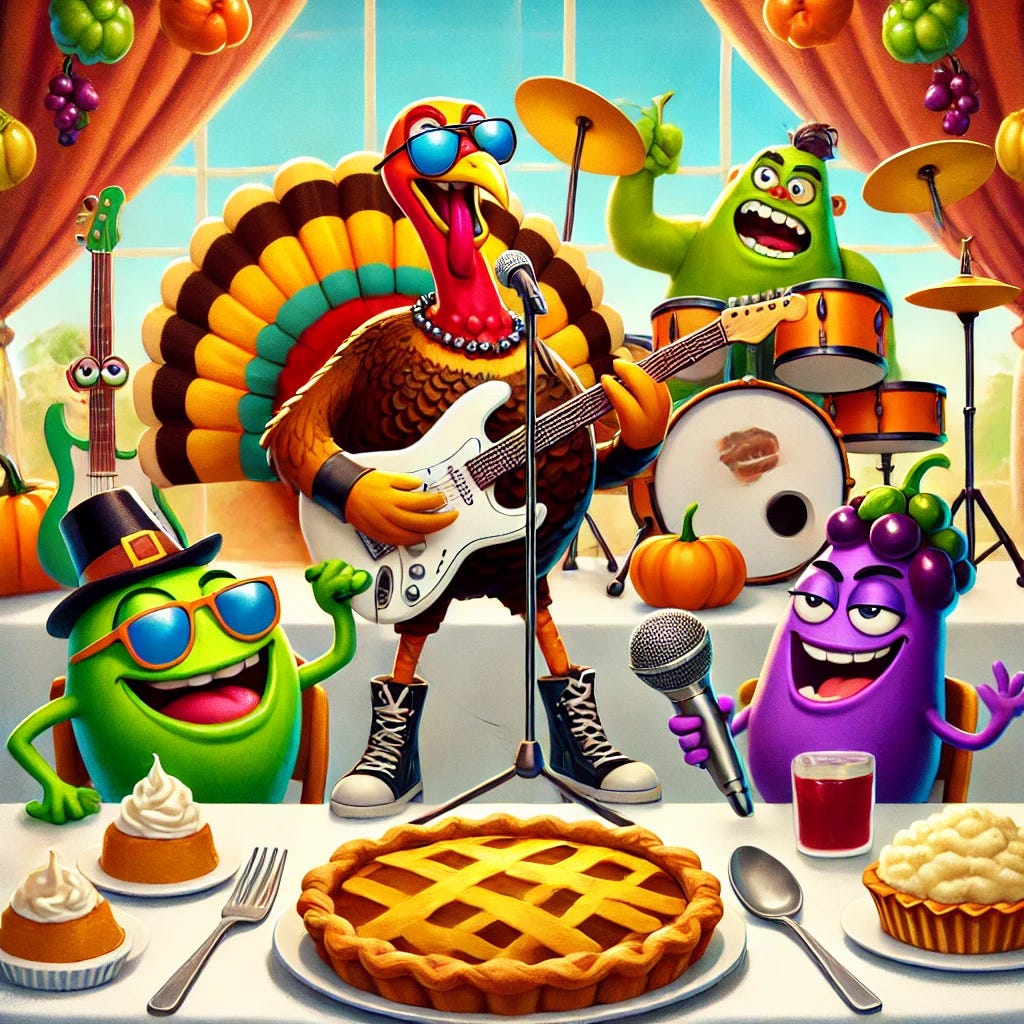 A vibrant, cartoon-style Thanksgiving dinner scene featuring a rock band of quirky anthropomorphic characters (Uncle Monster & the Annoids). The turkey is the lead guitarist wearing sunglasses, the cranberry sauce is on drums, the mashed potatoes are singing into a microphone, and the pumpkin pie plays the keyboard. The background includes a festive table with a roasted turkey, pies, and traditional dishes, surrounded by a cheering audience of animated vegetables and side dishes. The atmosphere is fun and whimsical, capturing a mix of humor and Thanksgiving joy.