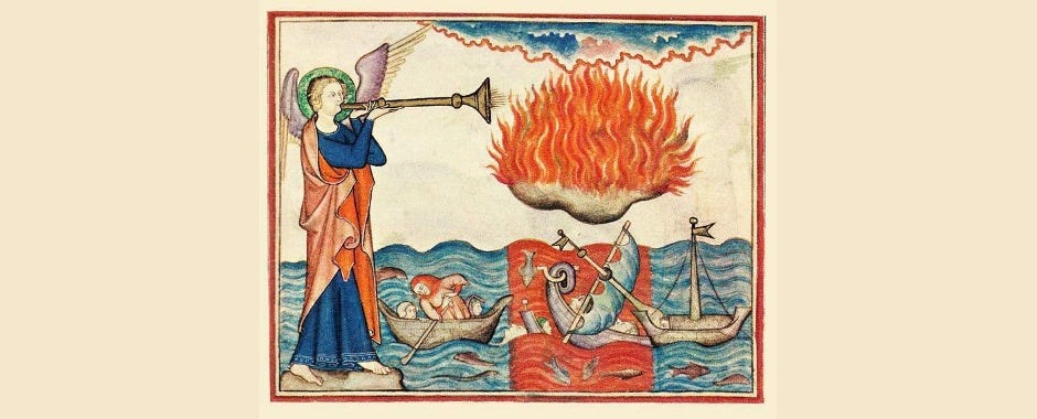 Medieval painting of an apocalyptic angel playing a trumpet