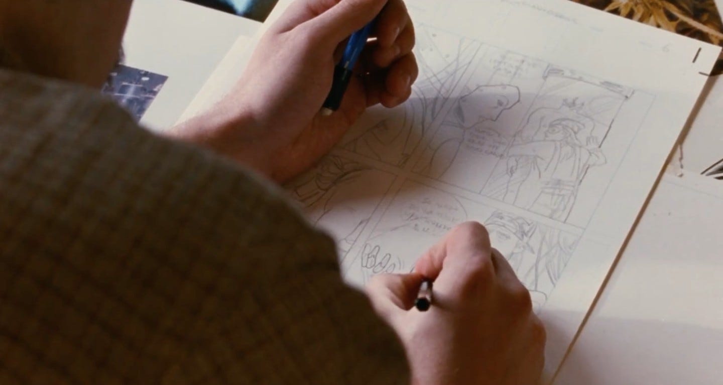 Movie still from Chasing Amy. A hand sketches a comic panel.