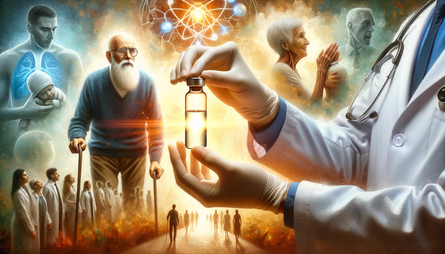 Oil painting style depiction of a scientist holding a vial with a glowing substance inside, representing breakthrough drugs like Ozempic. In the background, faded images of people engaging in healthy activities, symbolizing the long-term benefits.