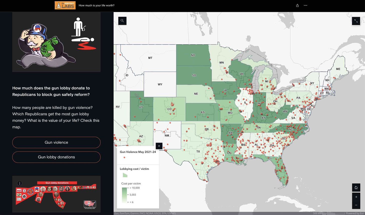 Mapping the number of gun violence victims vs gun lobby donations in a sate