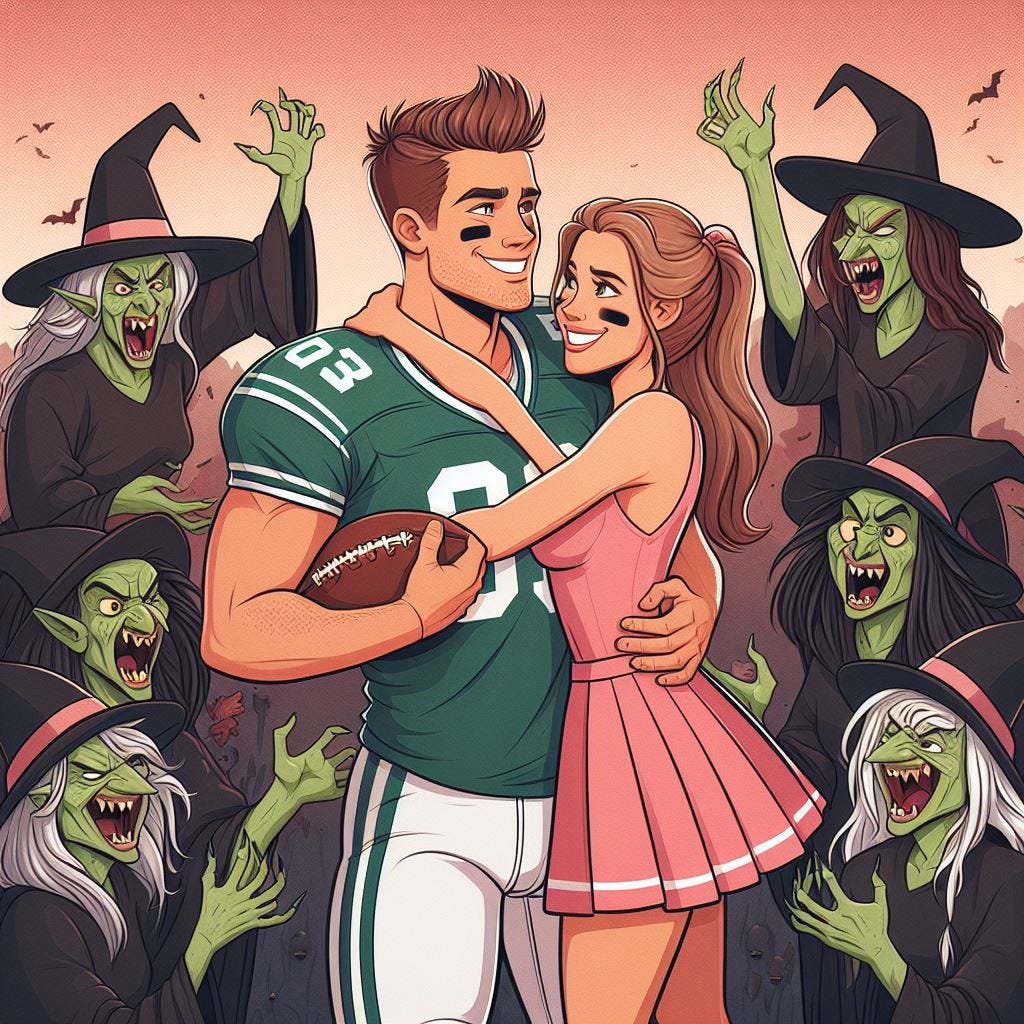Ugly feminists, green with envy, shrieking at a handsome football player and his pretty wife. “How dare they?!”