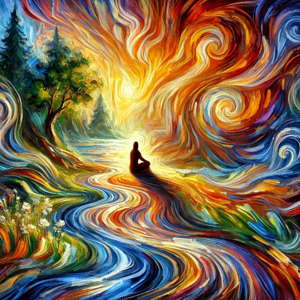 A vibrant oil painting in an impressionist style depicting a serene and introspective scene inspired by the themes of self-healing, energy work, and emotional release. The composition features a figure sitting peacefully in nature, surrounded by swirling colors representing energy flow and transformation. The environment is rich with warm and cool tones blending together in expressive, thick brushstrokes, evoking a sense of depth and movement. The background suggests a tranquil landscape with hints of light filtering through trees, symbolizing clarity and inner peace. The overall mood is one of empowerment, renewal, and self-discovery.