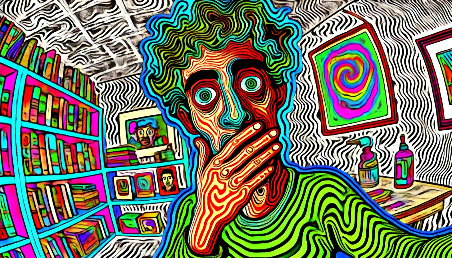 A stylized image in the form of an underground comic book from California in the 1960s. The image should feature exaggerated lines, bold contrast, and psychedelic elements typical of that era. The colors should be vibrant and slightly faded to capture the retro feel. The image depicts a person in a surprised or shocked expression, with their hand over their mouth. The background includes shelves filled with books and some framed art on the walls, rendered with thick, uneven lines and a hand-drawn quality. The overall style should evoke the counterculture and underground comic aesthetics of the 60s, with a slightly surreal and abstract touch. Expand the image to a 16:9 aspect ratio while maintaining the style and adding more of the background and environment.