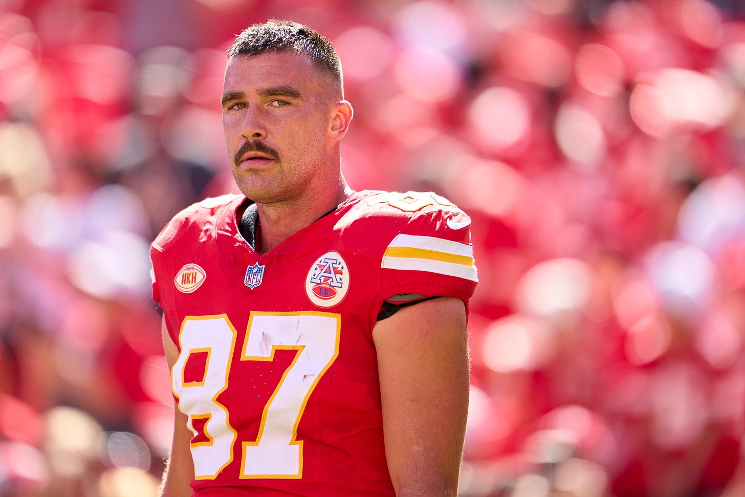 KANSAS CITY MO  SEPTEMBER 24 Travis Kelce 87 of the Kansas City Chiefs looks on before kickoff against the Chicago Bears...