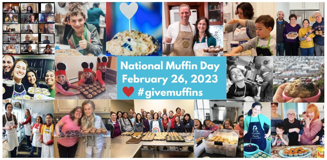 May be an image of 12 people, people standing, food, indoor and text that says 'Nationa Muffin Day February 26, 2023 givemuffins Moiche tontfe'
