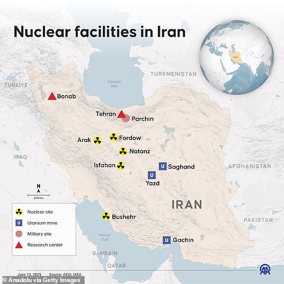 ISTANBUL, TURKIYE - JUNE 13: An infographic titled "Nuclear facilities in Iran" created in Istanbul, Turkiye on June 13, 2025. (Photo by Ufuk Celal Guzel/Anadolu via Getty Images)