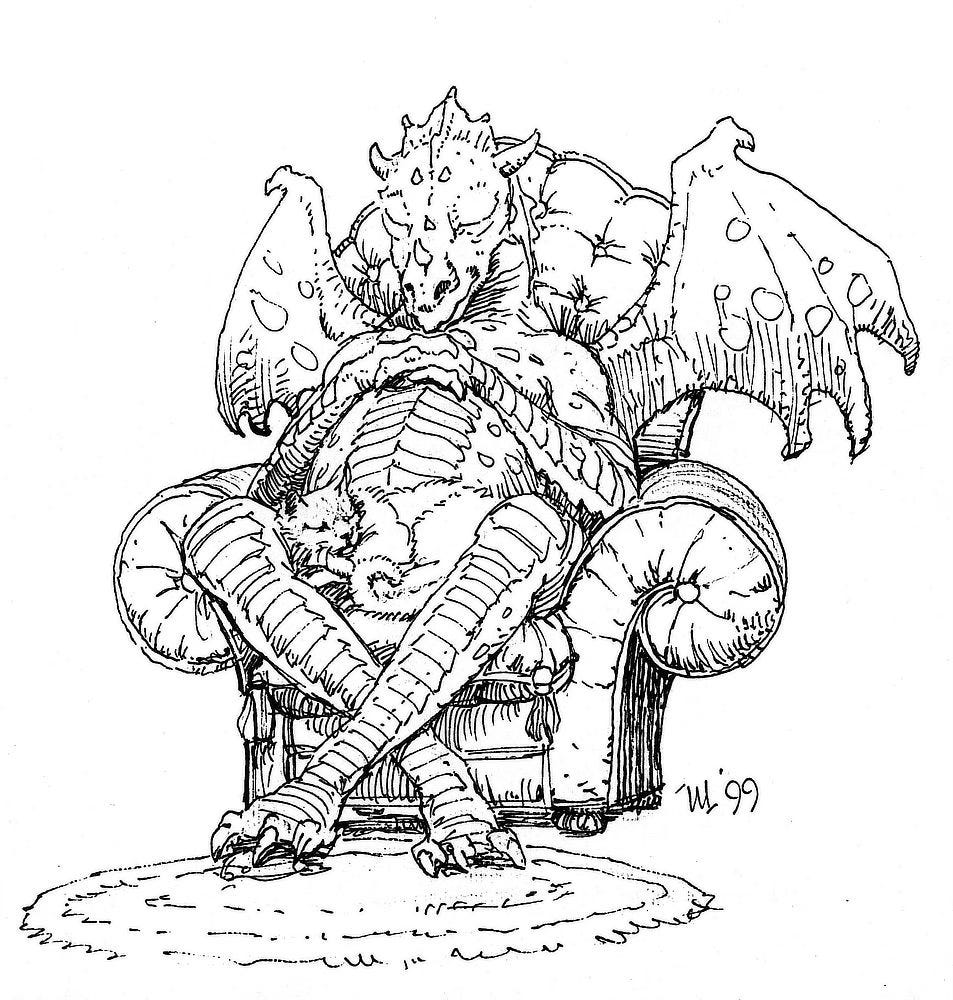 Remarque execute in pen featuring a dragon sits back in its favorite chair with stubby wings out, hands folded over its chest, and eyes closed. A cat snuggles at its side.