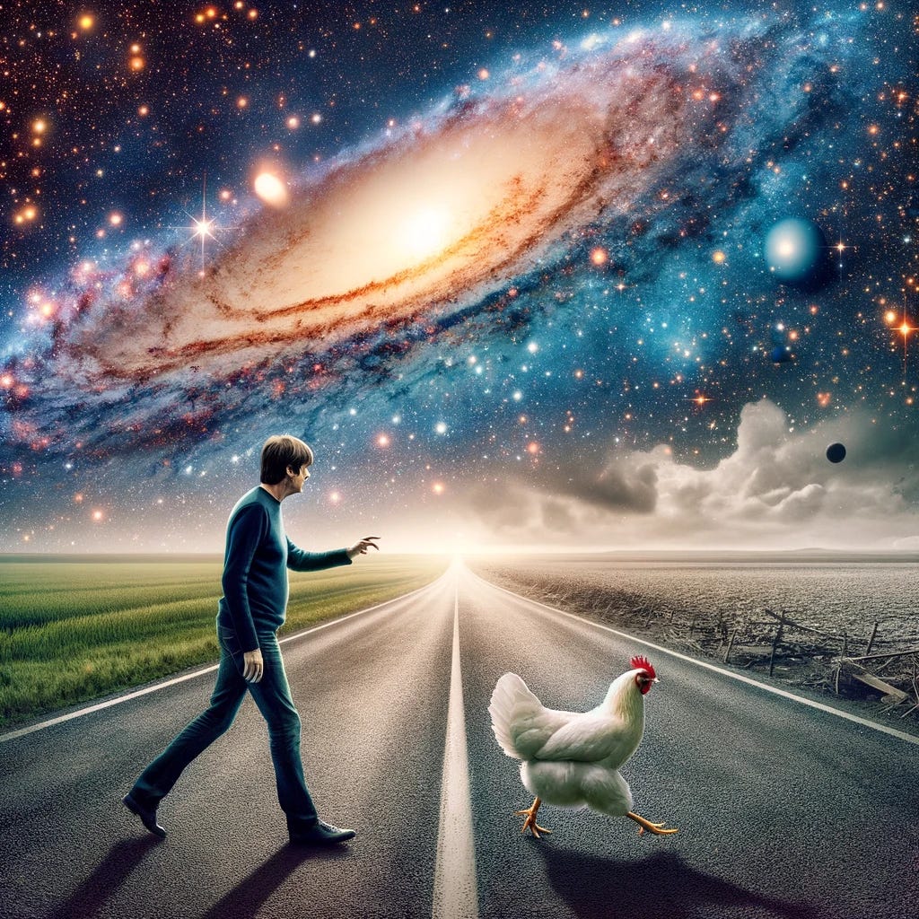 A blend of cosmic and everyday scenes where the background transitions from a vast, star-filled cosmos into a simple earthly scene with a road and a chicken crossing it. The chicken, in mid-crossing, is surrounded by a subtle glow or aura that visually connects it to distant galaxies and celestial bodies, symbolizing its connection to the universe. Brian Cox is depicted observing or pointing towards this scene, illustrating his commentary on the inevitable cosmic connection. The image combines elements of realism with surrealism to emphasize the profound interconnectedness of all things.
