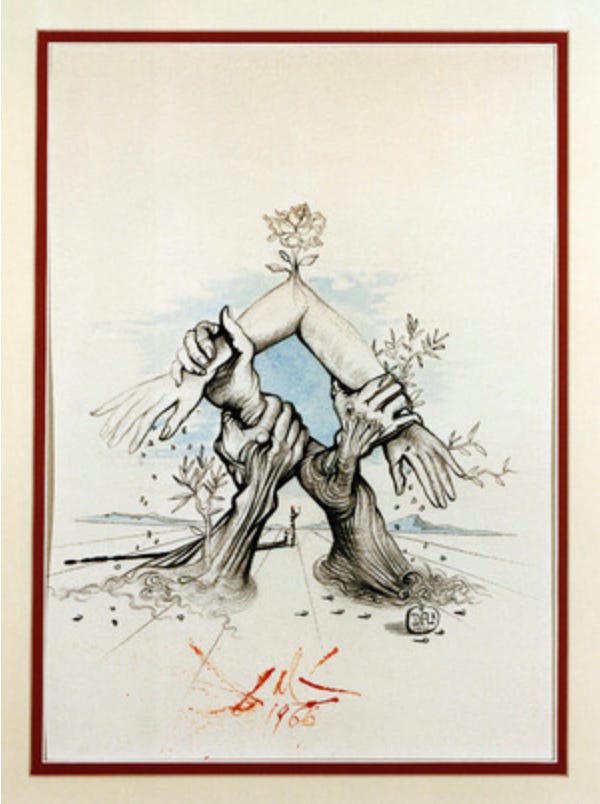 A watercolor painting described by the United Nations as follows: “This artwork shows, on a white background, three entwined hands emerging from the surface of the earth. They support two more arms, which join at the elbow from where a single rose grows. The five hands symbolize the five continents and the rose growing out of the arm denotes the “flower” of achievement through international cooperation. Seeds which drop from the hands symbolize further growth as they take root around the base of the arms where olive branches spring. In the distance an adult and a child look towards this symbol of man’s hopes and aspirations.”