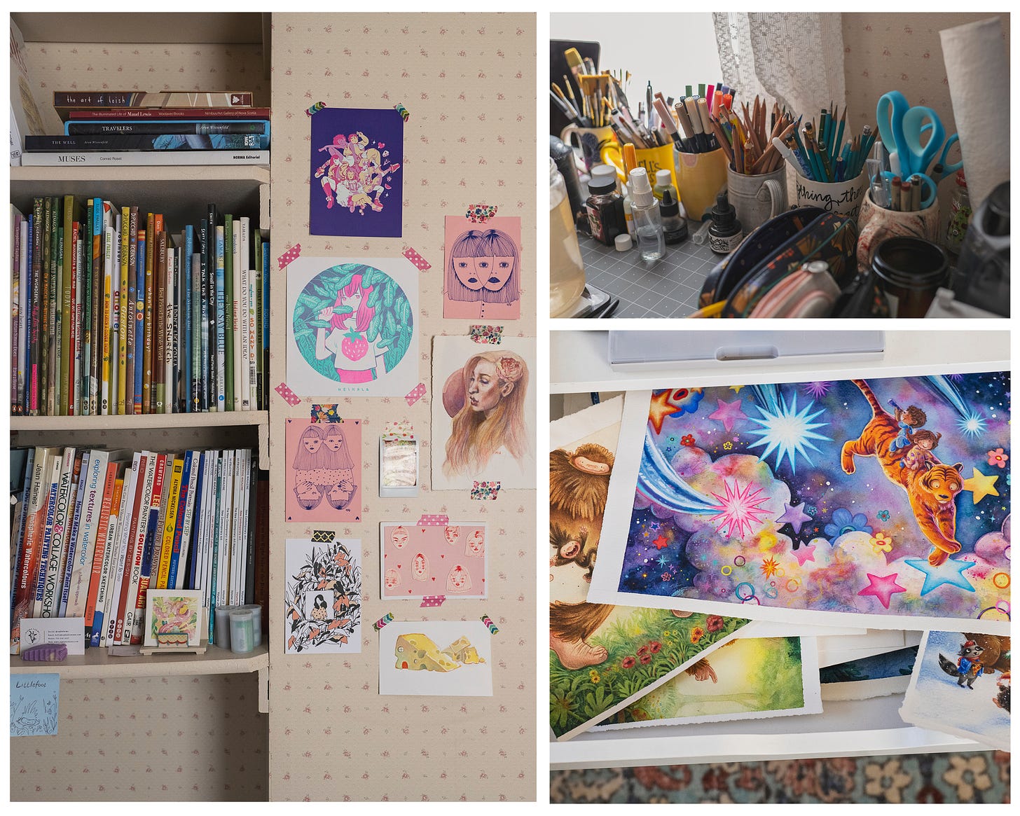 Photo collage of the artist's home studio. Clockwise from left: a photo of shelves lined with picture books and other reference materials. The wall next to it is covered with artwork and inspirational imagery. The top right photo shows a closeup of a desk filled with art materials, including pencils, paint brushes, pens, scissors, etc. Bottom right: an open drawer reveals a few different completed illustrations.