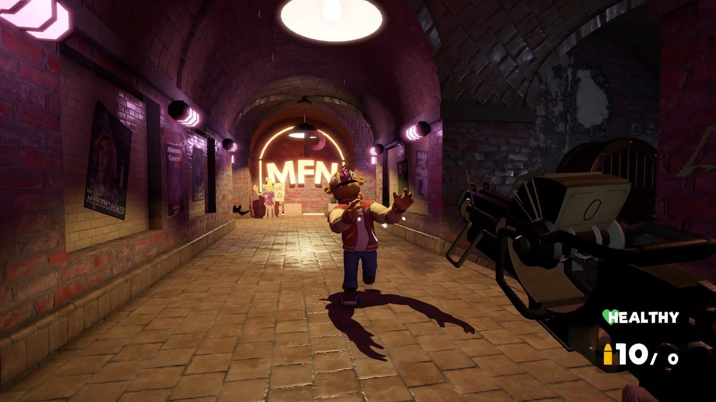 A screenshot from the early access of My Friendly Neighborhood, showing a humanoid felt-puppet like creature rushing toward the player in a narrow hallway.