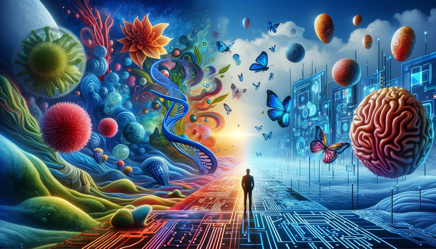 A visually striking and thought-provoking scene depicting the concept that mutations could unlock new dimensions of human perception. The image shows a person standing at the intersection of a biological and technological world. One side of the scene represents biological evolution, with vibrant, organic shapes and colors symbolizing genetic mutations. The other side shows a technological realm, with digital, pixelated, and futuristic elements. This person is experiencing both worlds simultaneously, illustrating the idea that 'the medium is the message.' The scene captures the essence that our perception shapes our reality, with visual representations of sensory experiences blending and overlapping between the natural and artificial worlds.