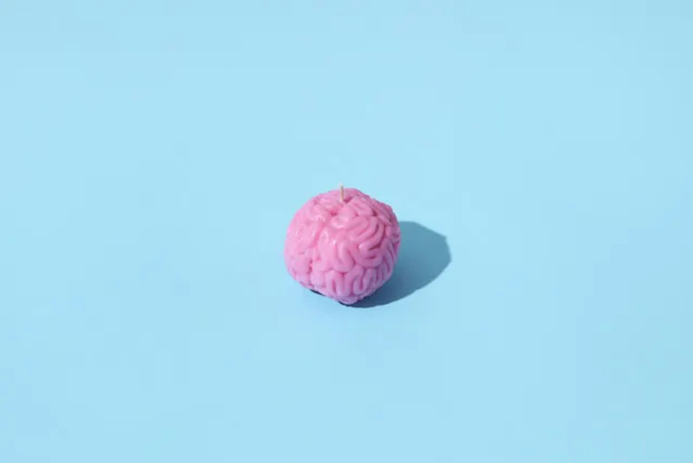 a small pink brain against a sky blue background