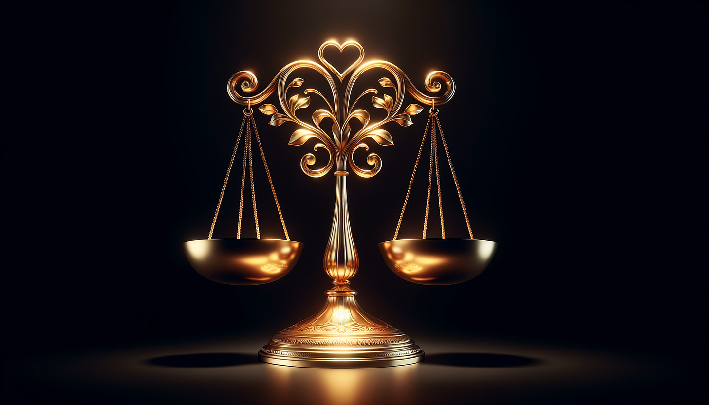 A pair of golden balances set against a pitch-black background, with a symmetrical design and a glowing heart-shaped centerpiece. The scales symbolize 'Just Balances,' reflecting the concept of righteous judgment, where blessings or curses follow obedience or disobedience to God's commandments.