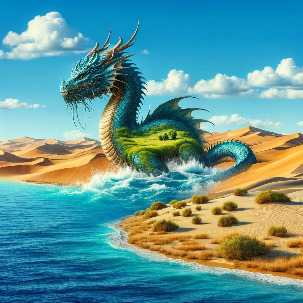 "A fantastical scene where a vast desert landscape rests on the back of an enormous water dragon. The dragon, with shimmering blue and green scales, is swimming through an ocean. The desert on its back is complete with rolling sand dunes, sparse vegetation, and a clear blue sky above. The contrast between the dry desert and the water dragon's aquatic environment creates a surreal and imaginative visual."
