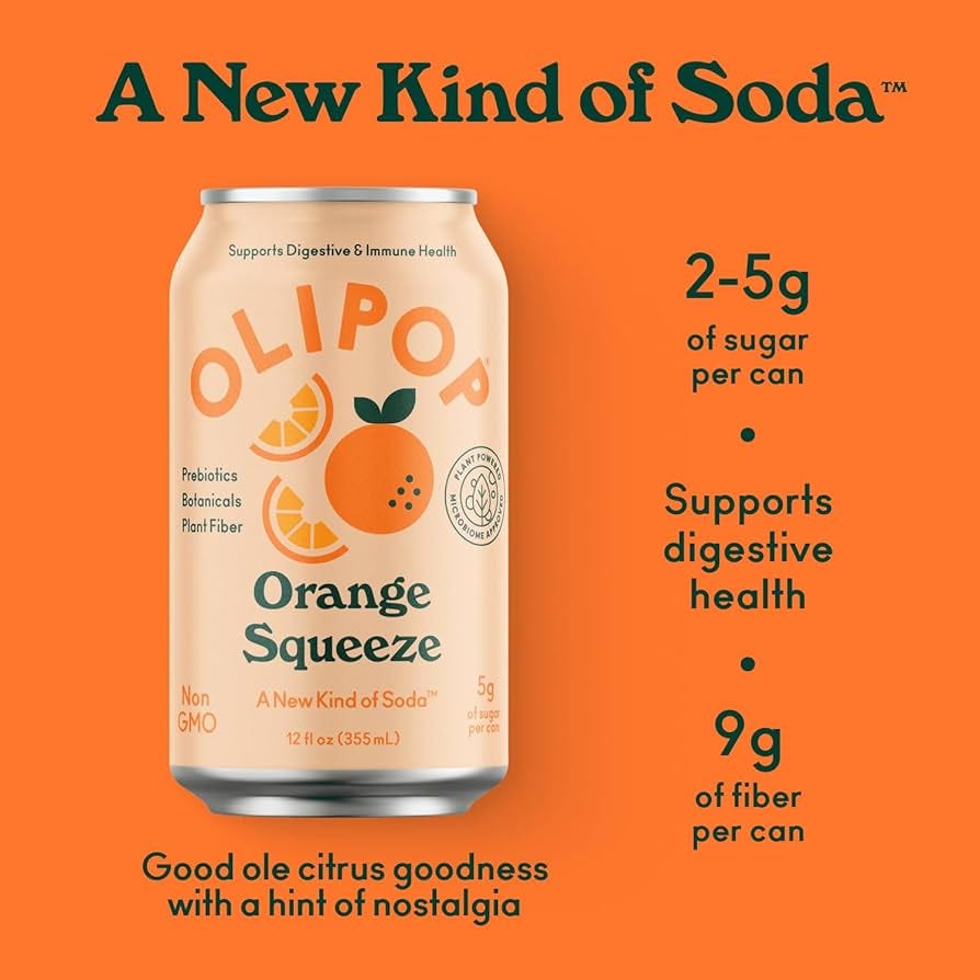 Amazon.com : OLIPOP - Orange Squeeze Sparkling Tonic, Healthy Soda,  Prebiotic Soft Drink, Aids Digestive Health & Immune Health, With Vitamin C  & Plant Fiber, Caffeine Free, Low Calorie, Low Sugar 12