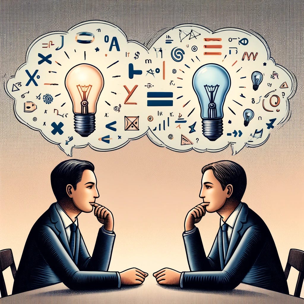 An illustration that represents a thoughtful debate, with two individuals engaged in a calm and rational discussion, exchanging ideas symbolized by light bulbs and logical symbols like 'equals', 'greater than', and 'less than' signs. One person is making a point, illustrated by a clear light bulb, while the other is contemplating it, symbolized by a chin-stroking gesture. They are surrounded by a semi-transparent bubble containing mathematical and logical symbols, representing the bubble of rationality. The background is neutral to emphasize the focus on the discussion. This image is meant to provoke thought on whether being persuaded by rational arguments is inherently positive.