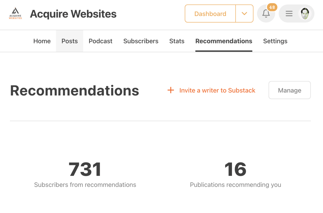 Substack Recommendations of Acquire Websites