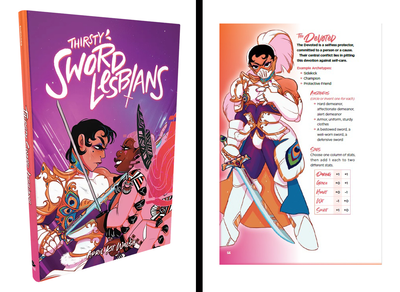 Renderings of two books side-by-side on a white background. On the left is Thirsty Sword Lesbians, and on the right, an example page showcasing The Devoted. All headings and stat fonts are in a dynamic handwritten font, and the content is a small sans serif.
