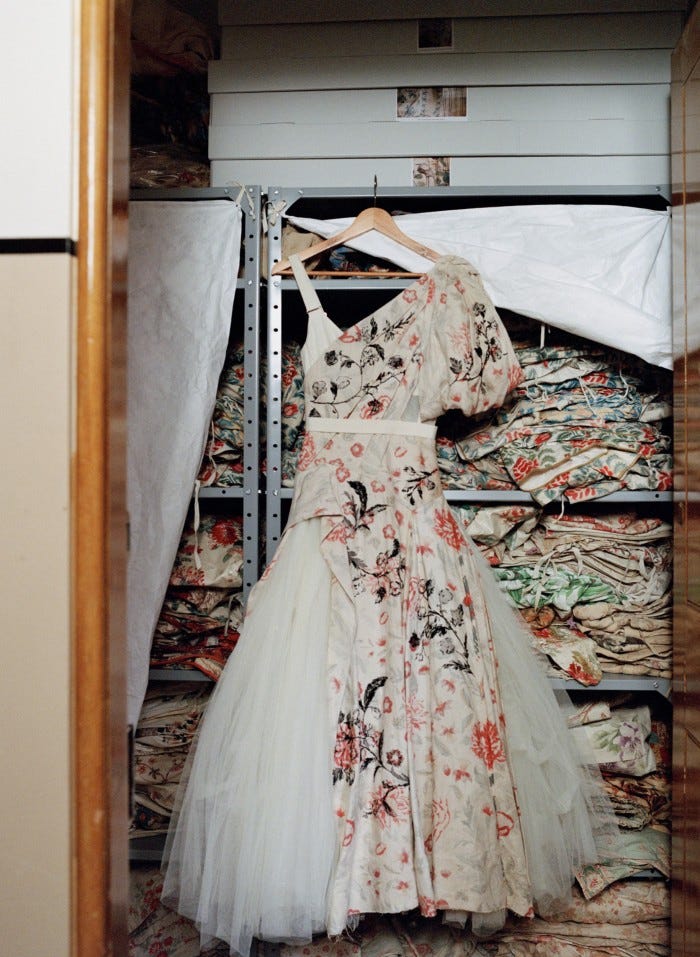 An Erdem dress featuring archive curtain material from Chatsworth and embroidered by Cecily Lasnet, the Duchess’s great-granddaughter