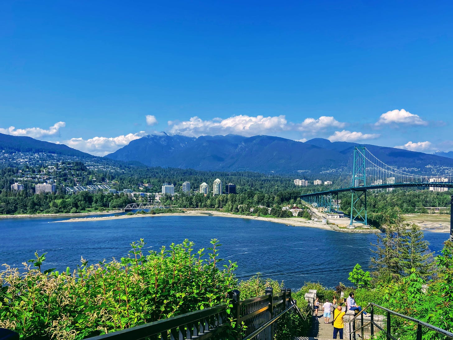 North Vancouver city and trees in foreground with mountains in background