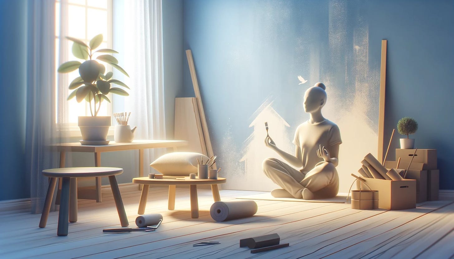 The image depicts a serene home improvement setting, capturing the essence of finding mental peace through physical activity in a home environment.