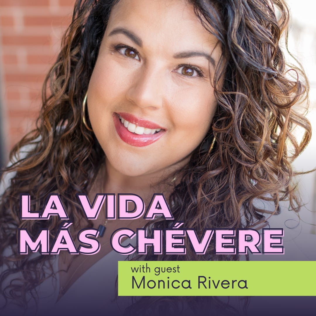 Monica Rivera smiling at the camera with words La Vida Más Chévere superimposed