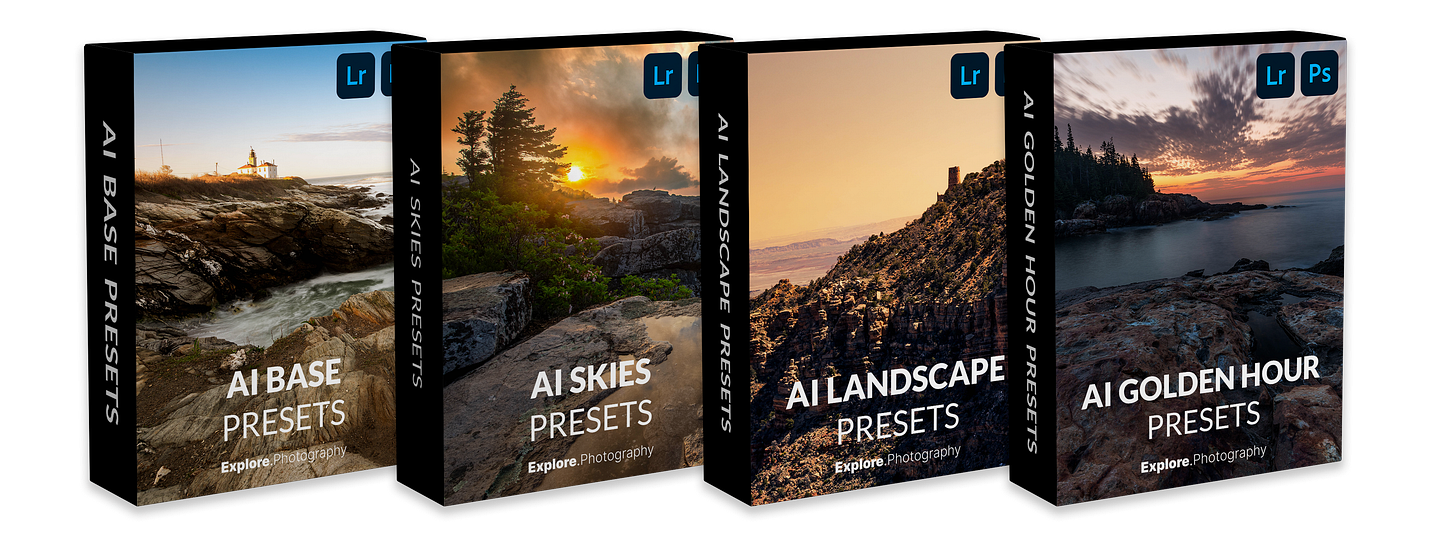 Boxes of Lightroom presets from Explore Photography