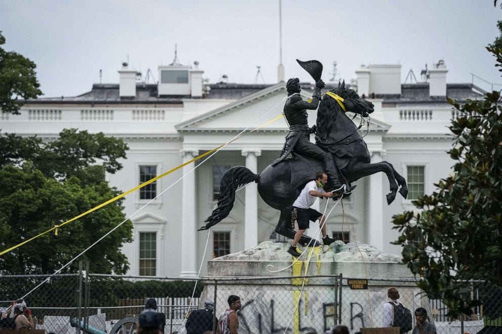 Image result from https://abcnews.go.com/US/protesters-topple-andrew-jackson-statue-white-house/story?id=71398486