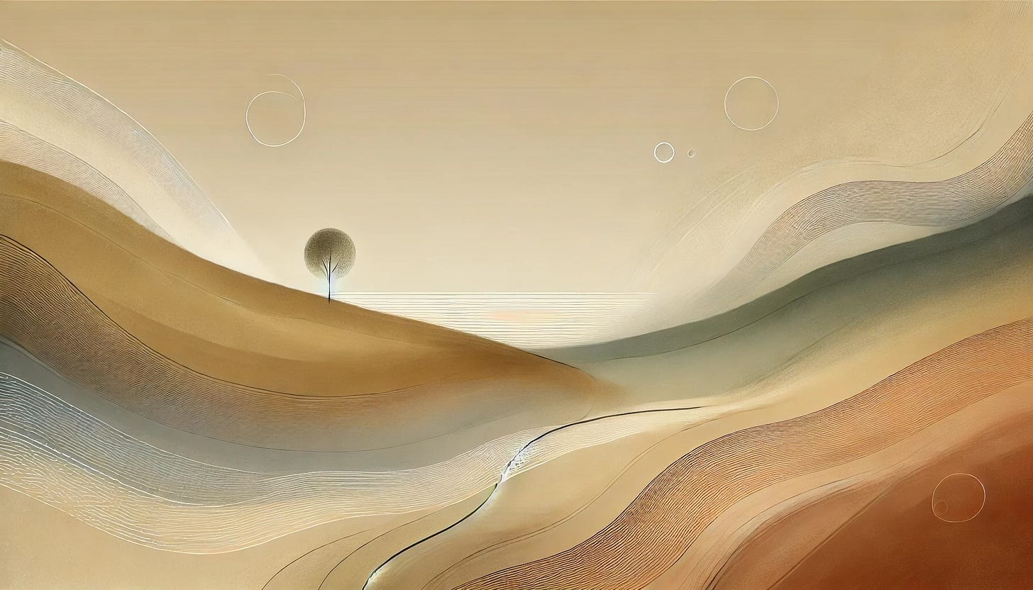 Minimalist landscape in soft, earthy tones of beige, muted browns, and grays. Flowing hills, a single tree, and abstract lines suggest balance, openness, and creative transformation, symbolizing the integration of AI in writing.