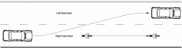 On a laned road, however, a slower motorcyclist is entitled to full use of a lane and other drivers are required to change lanes to pass.