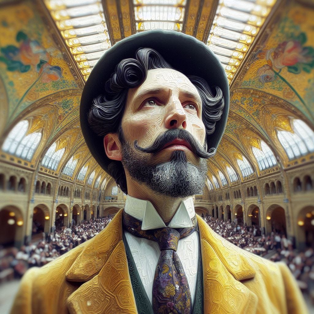 chunky oil painting with chunky paint scraper paint. Hyper realistic; tilt shift; Lensbaby Effect: middle aged dark haired heroic man ivory dress suit, velvet lapel. coral Quatrefoil: cream Gothic Tracery: Louver yellow and chartreuse decorative ceiling tiles.Hundertwasserhaus, Vienna, Austria: .• Grand Central Terminal, New York City, USA. Crystal sky. sunny sky, fluffy clouds. Vast distance. sunshower. radiant