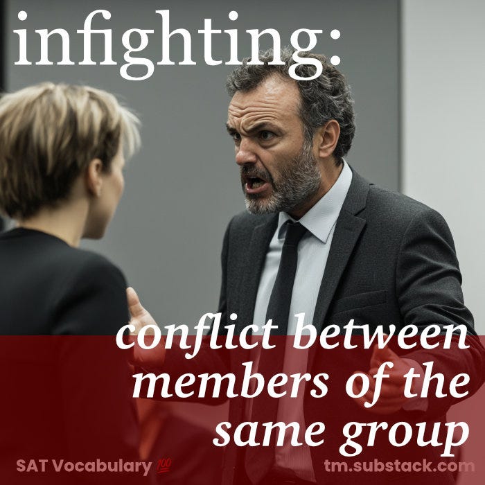 Professional photo of office conflict illustrating the SAT word 'infighting'.